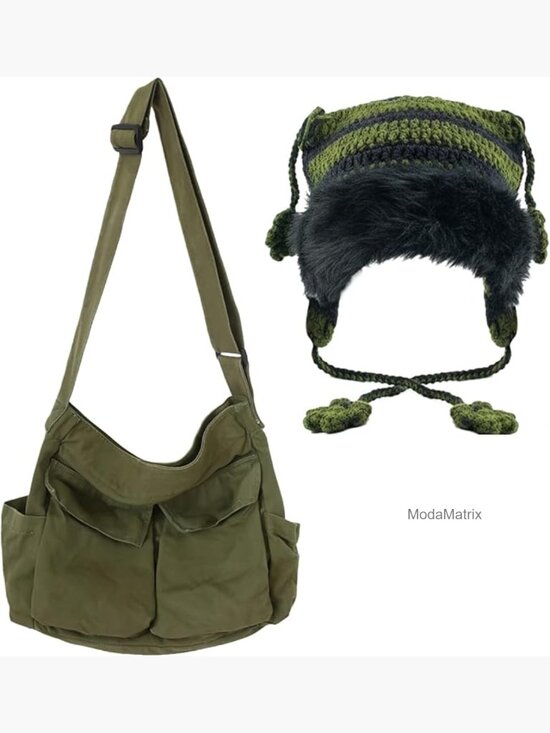 2-Piece Grunge Set: Cat Ear Beanie and Messenger Bag, Knit Hat & Canvas main image 7